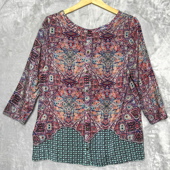 Maeve Anthropologie Top Womens 6 Blue Pink Mixed Print Silk Back Button Closure - Picture 2 of 10